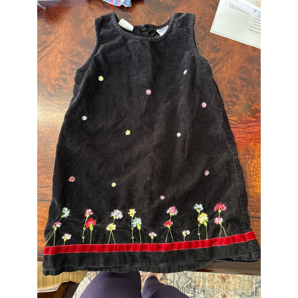 Blueberi Boulevard Girls Black Corduroy Floral Embroidered Dress Red Trim 6X